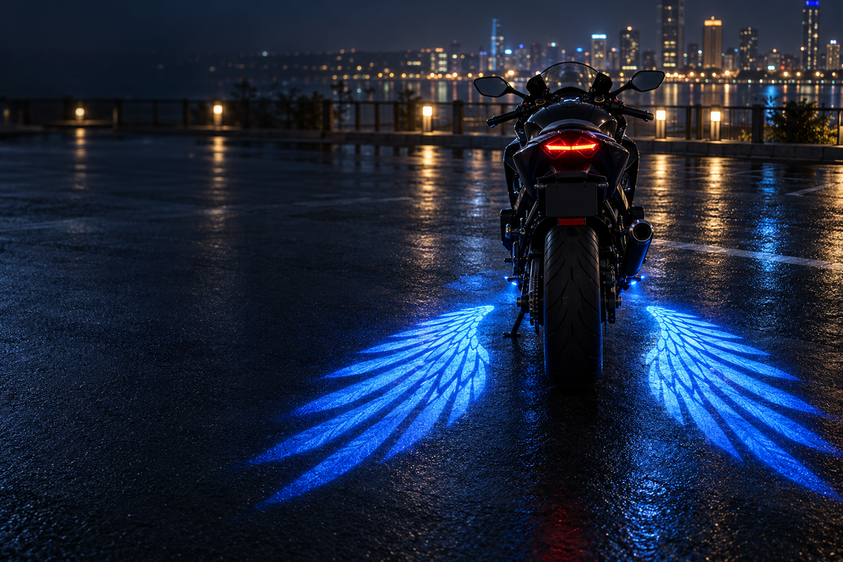 Moto con alas azules proyectadas sobre el asfalto de noche